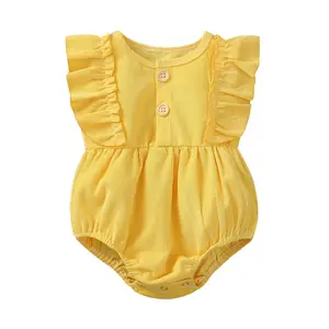 Newborn's Romper, Infant's Solid Color Ribbed Jumpsuit Flying Ruffled Sleeve Crotch Button  Garment for Baby