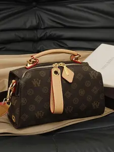 Crossbody Vintage Printed Boston Bag Stylish Handheld & Shoulder Bag Versatile Textured Women's Bag with Gold Accents