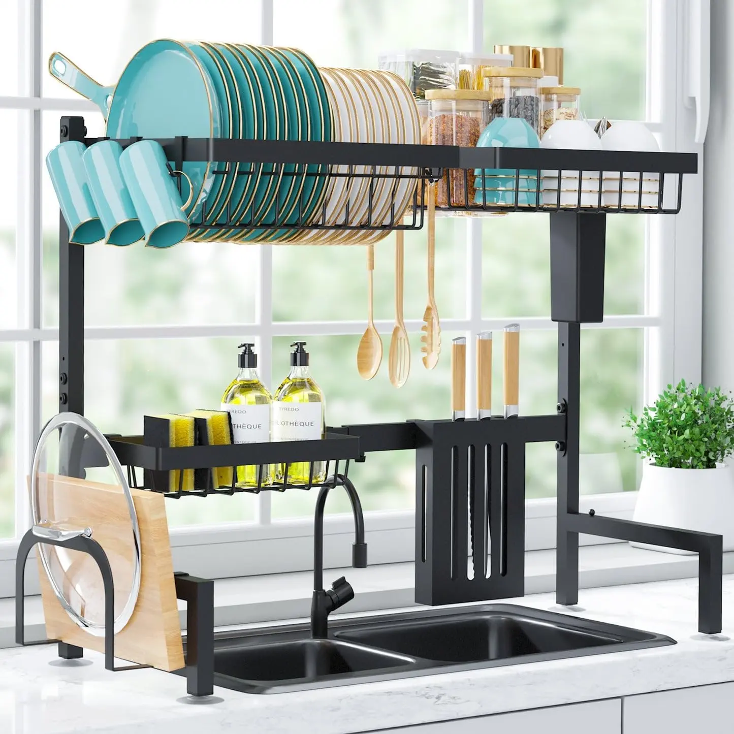 Dish Drying Rack over the Sink - Large Capacity Stainless Steel Dish Drainer, Multifunctional Kitchen Organizer, Black, 11" D X 30"~33.9''W X 21.5" H Sakugi