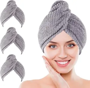 Microfiber Hair Towel Wrap 3 Pack (Gray) Soft Hair Drying Towel with Pineapple Plaid Design, Shower Cap & Hair Accessories for Women Set