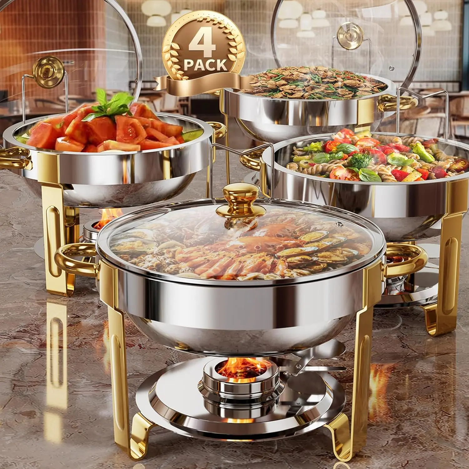 Sebastian CADIA 4-Piece Round 5QT Stainless Steel Chafing Dishes Buffet Set - 95% Pre-Assembled Bakeware with Solid Glass Covers, Lid Holders, Non-Toxic Heat-Resistant Food-Grade Trays for Parties, Catering