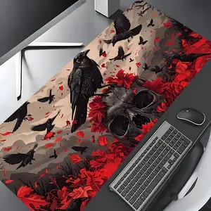 Gothic Raven And Skull Large Gaming Mouse Pad, Red Autumn Leaves Washable Rubber Extended Desk Mat with Non-Slip Base, Girly Aesthetic Home Office Decor, Mouse Pads for Desk, Christian Gifts for Women, Halloween Office Desk Accessories