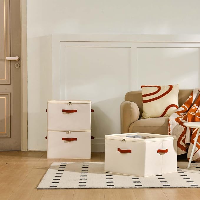 Shoe Storage Box Organizer with Adjustable Dividers Transparent Cover Handles on 3 Sides Beige 17x17x12.5 Inches for Efficient Storage