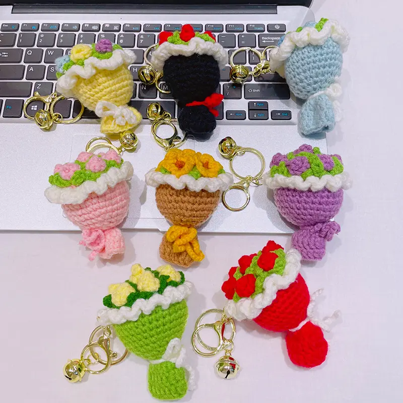 2-Item Value Set Multicolor Handmade Crochet Flower Bouquet Keychain, Knitted Eternal Rose Charm, Mini Yarn Flower Bag Pendant, Birthday Gift for Mother's Day (Fashion Costume Jewelry Accessory)