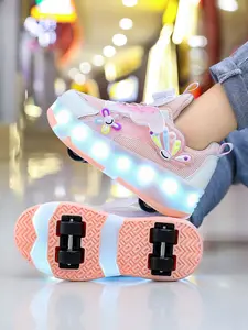Girls' Four-Wheel Roller Skates, New Wheel Sports Shoes, Adjustable Rotating Buckle, Breathable Mesh, LED Light, USB Charging, Sneakers Shoes
