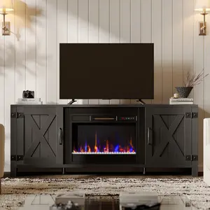 Bestier 63” Farmhouse Fireplace TV Stand for TVs up to 70”, LED Media Console Entertainment Center with 23" Fireplace Heater & Cabinet With Barn Door