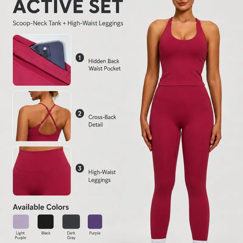 Women's 2 Piece Workout Set, Padded Halter Neck Tank Top & High Waisted Leggings with Hidden Back Pocket, All Seasons, Sportswear Set, Gym Sets, Fitness Outfits, Yoga Activewear, Workout Exercise Clothing