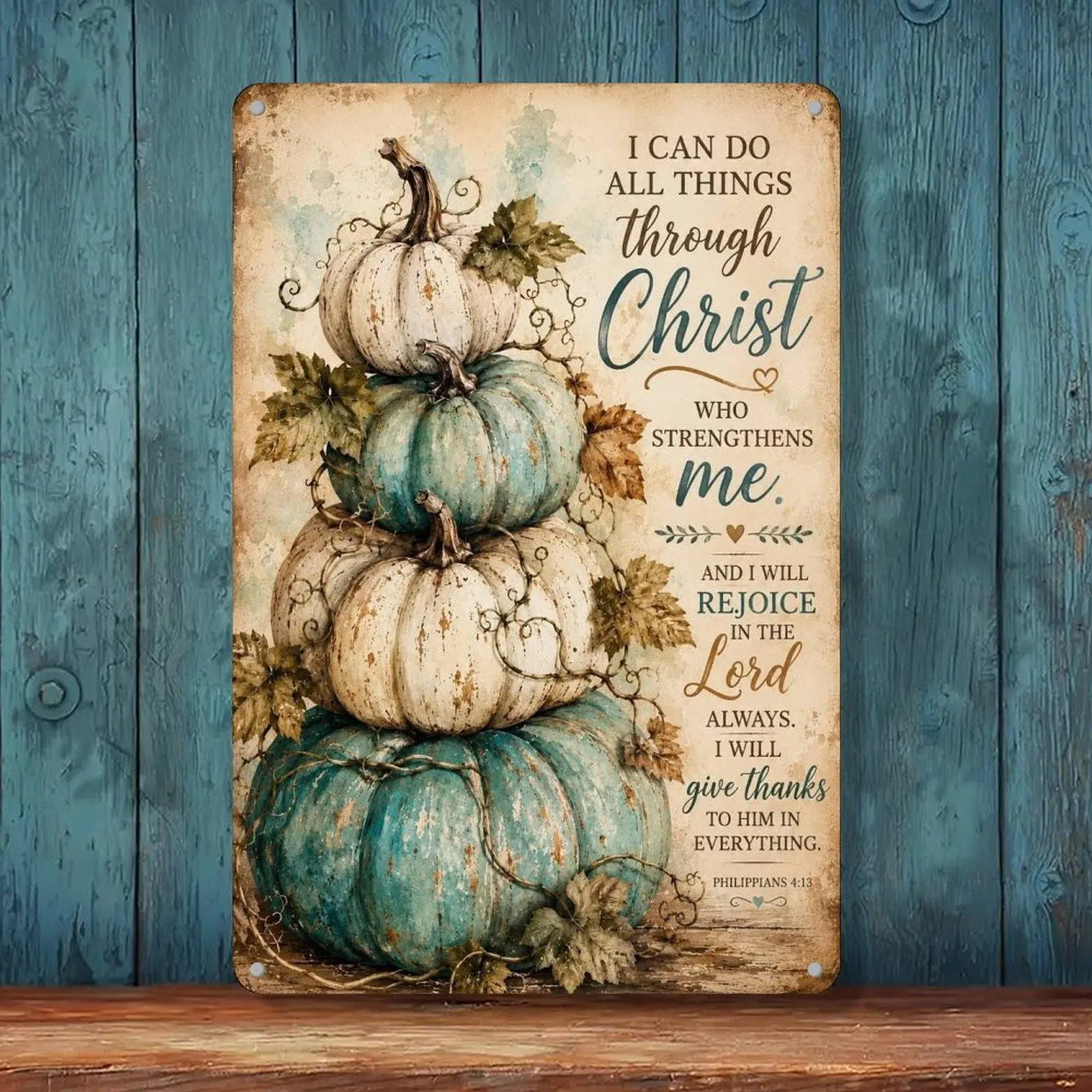 Vintage Stacked Teal White Pumpkin Faith Quote Wall Art 8x12in Retro Christian Thanksgiving Scripture Print For Rustic Home Wall Hanging
