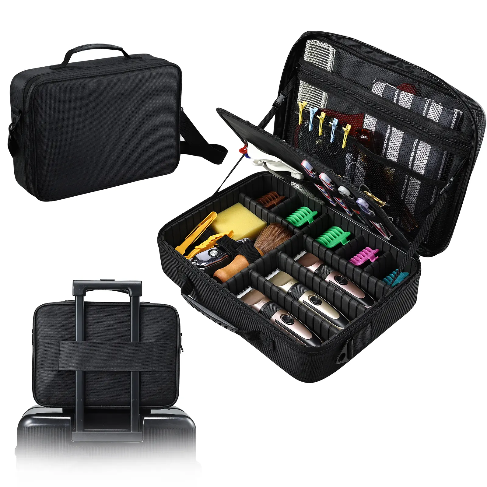 Barber Tool Storage Case with 6 Clipper Slots Shear Holders Removable Organizer Panel Portable Grooming Bag Salon Barber Box