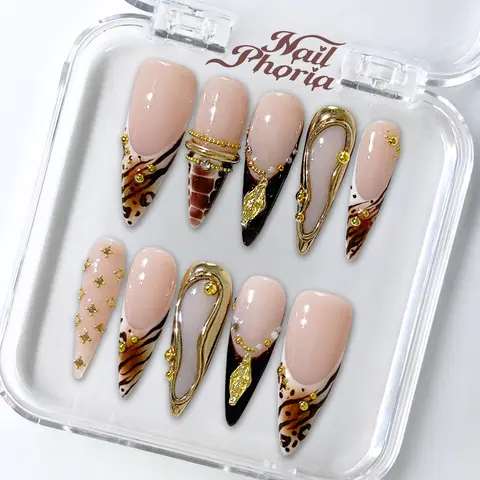 NailPhoria SAFARI ROYALTY - Fall Handmade Press-On Nails | Reusable, Salon-Quality, Long-Lasting, Glossy Design - Long Stiletto 33mm