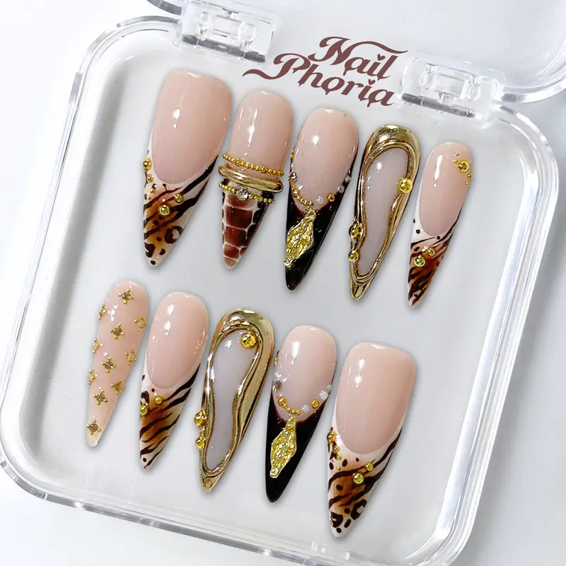 NailPhoria SAFARI ROYALTY - Fall Handmade Press-On Nails | Reusable, Salon-Quality, Long-Lasting, Glossy Design - Long Stiletto 33mm