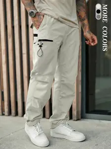 Men's Solid Zipper Pocket Cargo Pants, Regular Fit Casual Comfy Trousers for Outdoor Work, Woven Bottoms for All Seasons, Menswear