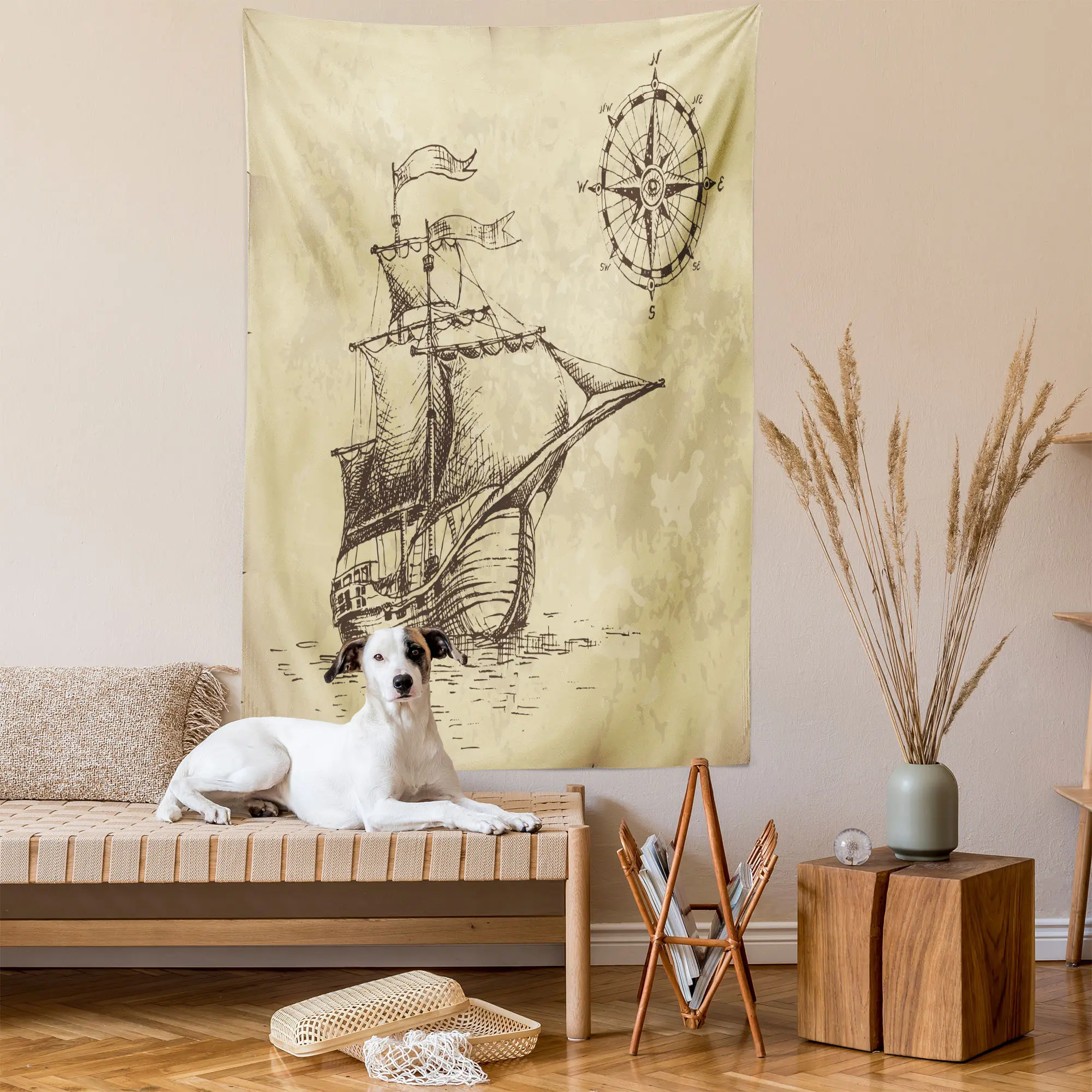 Compass Tapestry, Hand Drawn Old Paper Style Background Ship Flags Journey Navigation, Wall Hanging for Bedroom Living Room Dorm Decor, 40" X 60", Brown Sand Brown