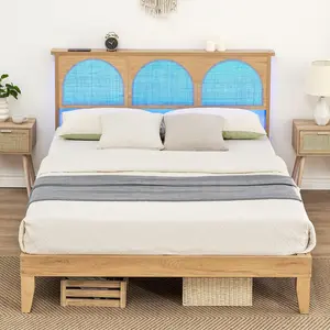 【GARVEE】12.4 Inch Deluxe Solid Wood Bed Frame with LED Lights, Curved Rattan Headboard, and Wooden Support Legs. Modern Platform Design, No Box Spring Needed, Easy Assembly, Suitable for Any Room Decor.