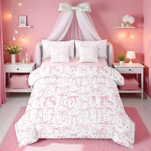 Pink Bowknot Kids Girls 7Pcs Comforter Set,Cartoon Hand Drawn Stars Love Bow Fitted Flat Sheet,Sweet Princess Style Bedding Set