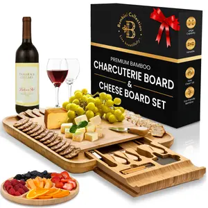 Bambusi Personalized Bamboo Cheese Board Set with Knife Drawer – 13.5” Charcuterie Platter with Slide-Out Drawer & 4 Stainless Steel Knives  - Perfect for Entertaining & Gifting