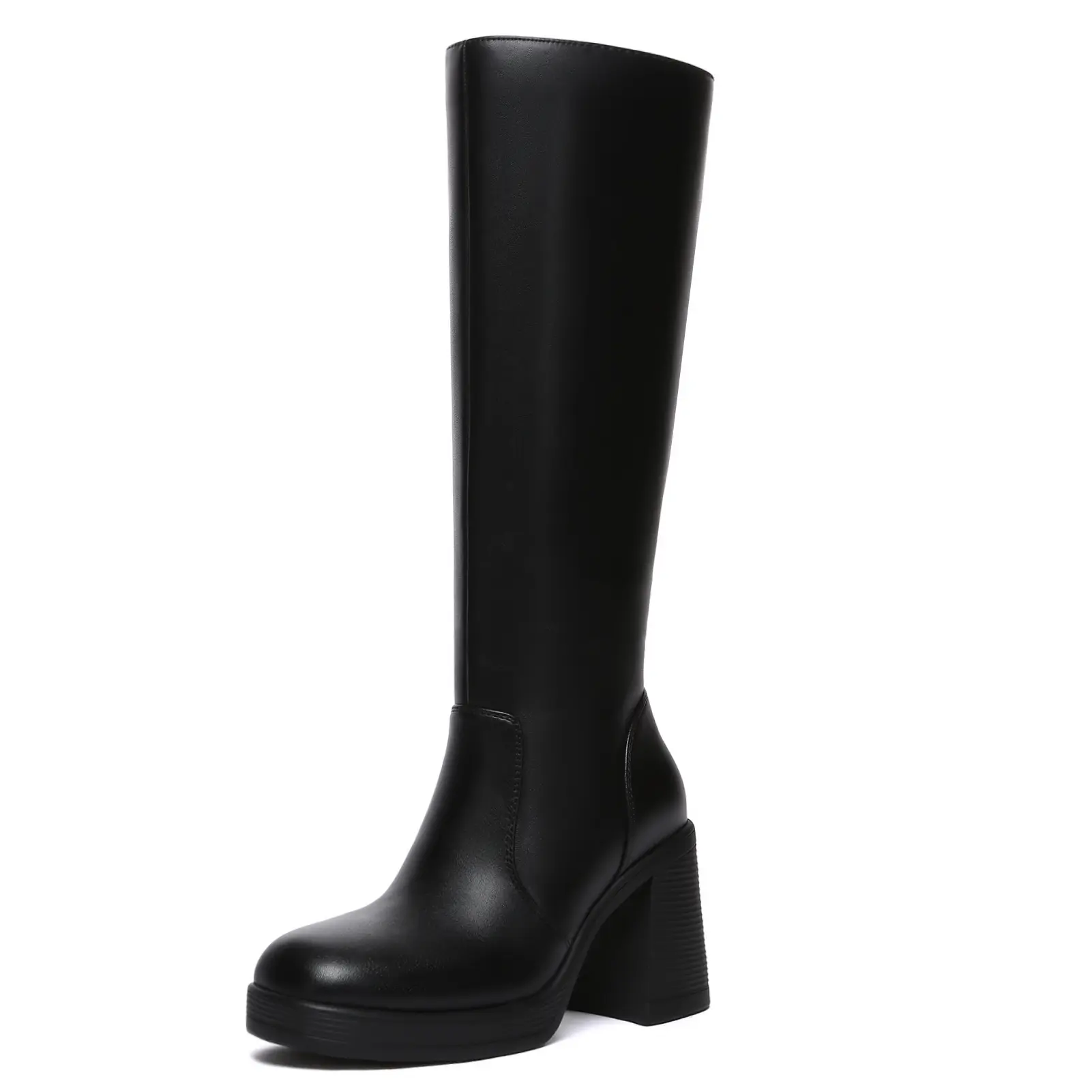 Athlefit Black Knee High Boots for Women Platform Tall Boots Fashion Square Toe Chunky Heeled Booties Girl Comfort Footwear Walking Shoes Flatform Bota