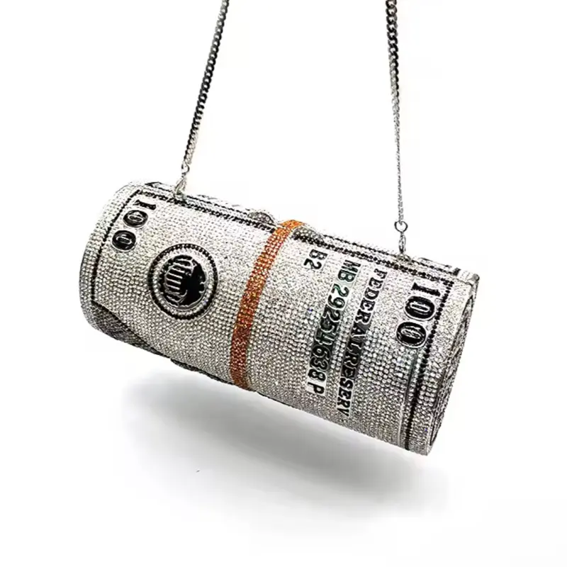 JL Cash Rich Bill Crystal Clutch - Unique Design with Chain Strap and Dollar Bill Motif