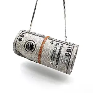 JL Cash Rich Bill Crystal Clutch - Unique Design with Chain Strap and Dollar Bill Motif