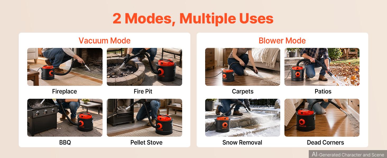 VEVOR Ash Vacuum 2.6 Gallon, 1200W Powerful Fireplace Cleaner Steel Body, for Fireplace, Pellet Stoves, Wood Stoves, Fire Pit, Grills, Double Stage Filtration System, 2.7 FT Hose, Black & Orange