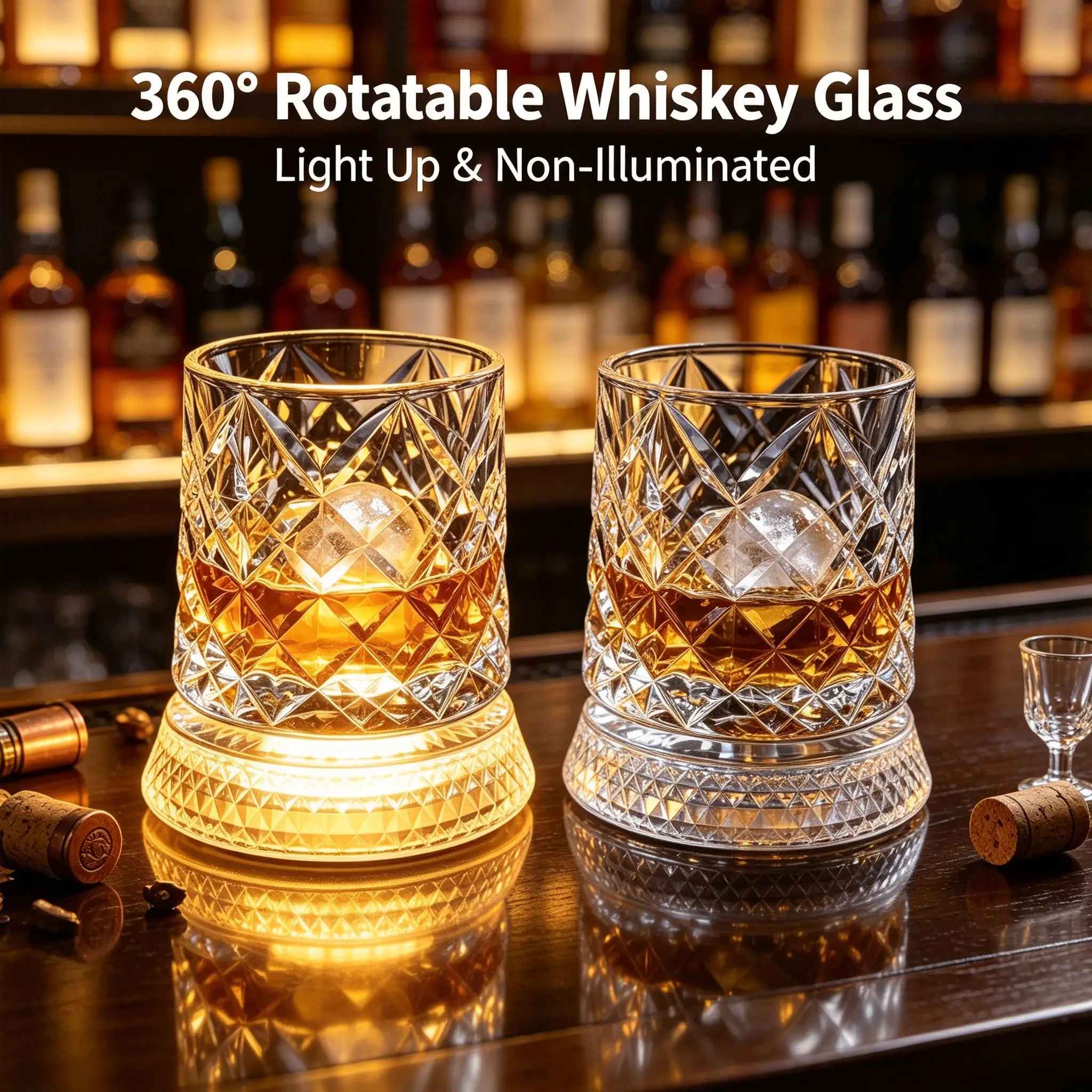 360° rotatable luxury whisky glass, crystal glass whisky glass , Light Up & Non-Illuminated Versions Available crystal wine glass, suitable for holding whisky, red wine,Cocktails etc. glass gift for men,whiskey lovers,Father's Day gift.bar gift.