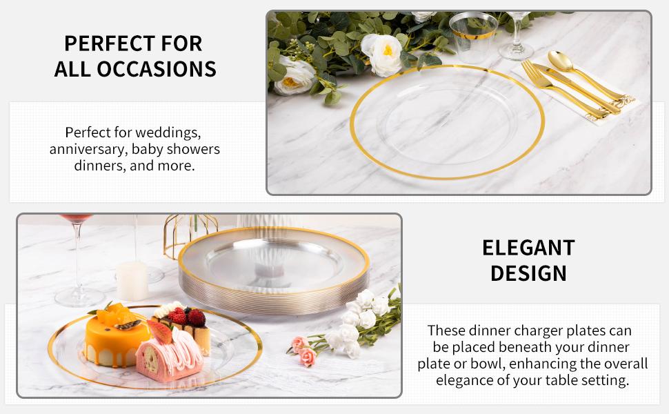 15 Pack Reusable Plastic Clear Charger Plates with Gold Rim, 12-Inch, for Dinner, Wedding, Party, Event Table Decoration, Clear&Gold