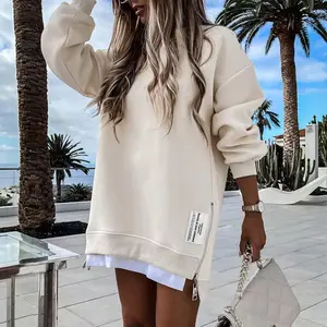 CHICME 2026 Womens Long Sleeve Pullover Sweatshirt Zipper Slit Casual Dress Drop Shoulder Oversized Outfits