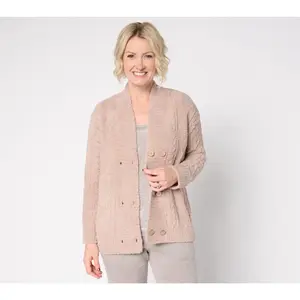 QVC Women's CozyChic Cable-Buttoned Barefoot Dreams Knit Cardigan