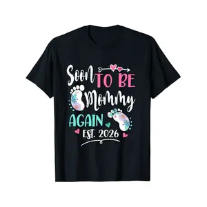 Women's Fun Pregnancy Announcement T-Shirt-"Time to Be a Mom Again in 2026" design, featuring footprints and heart patterns--100% cotton, suitable for round-neck maternity wear, perfect for Mother's Day gifts, baby parties, and new moms