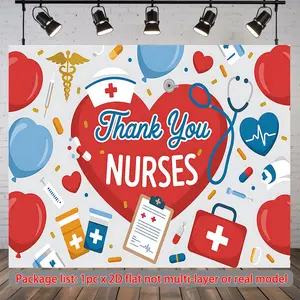 2D Flat - 2D Flat - A Flat 2D Banner Featuring 'Thank You Nurses' Along with Medical Icons, Designed for a Nurse-Themed Backdrop. Made of Polyester, This Decorative Banner Is Perfect for Hom