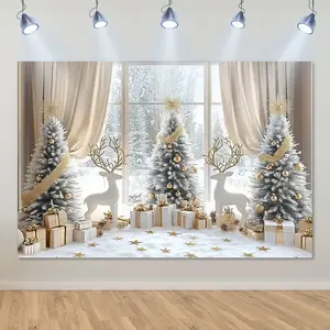 Winter Snow Scene Christmas Tree & Reindeer Backdrop with White Window Design – Perfect for Holiday Photos, Birthdays, Anniversaries, Weddings, Indoor & Outdoor Party Decorations, Ideal Christmas Gift