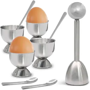 9 Pack Egg Cracker Topper Set, 4 Stainless Steel Egg Cups with 4 Stainless Steel Spoons and 1 Egg Topper, Breakfast Kitchen Tool for Home Kitchen Use