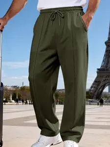 Street Style Men's Loose Trousers | Casual Lounge Pants | Minimalist Vertical Stitching Design | Elastic Drawstring Waist | Soft Wrinkle-Resistant Fabric | Perfect for Travel, Skateboarding & Everyday Fashion Looks