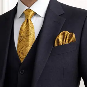 Men’s Gold Tone Tie & Pocket Square Set – Luxury Paisley Design, Elegant Formal Accessories, Wedding Gift for Him