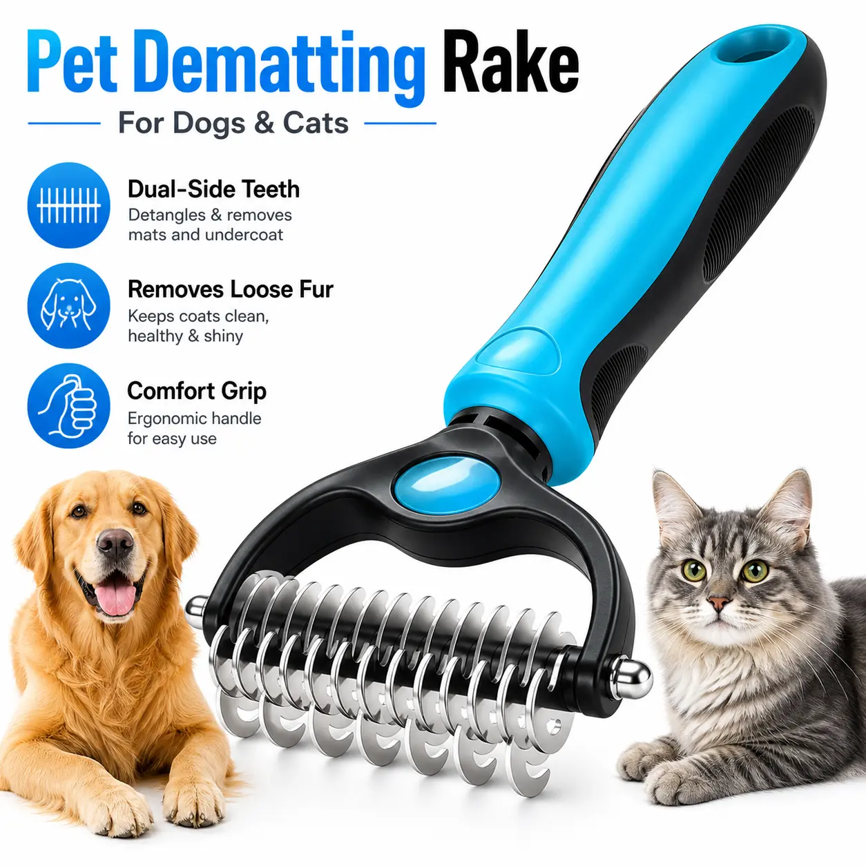 Pet Grooming Deshedding Brush - Double-Head Durable Groomer Tool, Pain-Free Dematting Comb, Long Lasting Undercoat Rake for Dogs, Quick Coat Thinning Functionality
