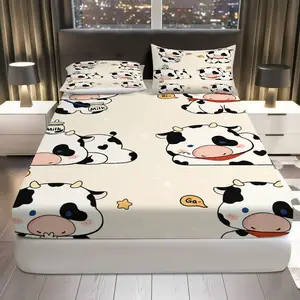 3Pcs Cute  Cow Print Fitted Sheet Three Piece Set (1*Fitted Sheet+2*Pillowcases, Coreless), Holiday theme, Animal Pattern Bedding Set, Mattress Protector Soft, Breathable