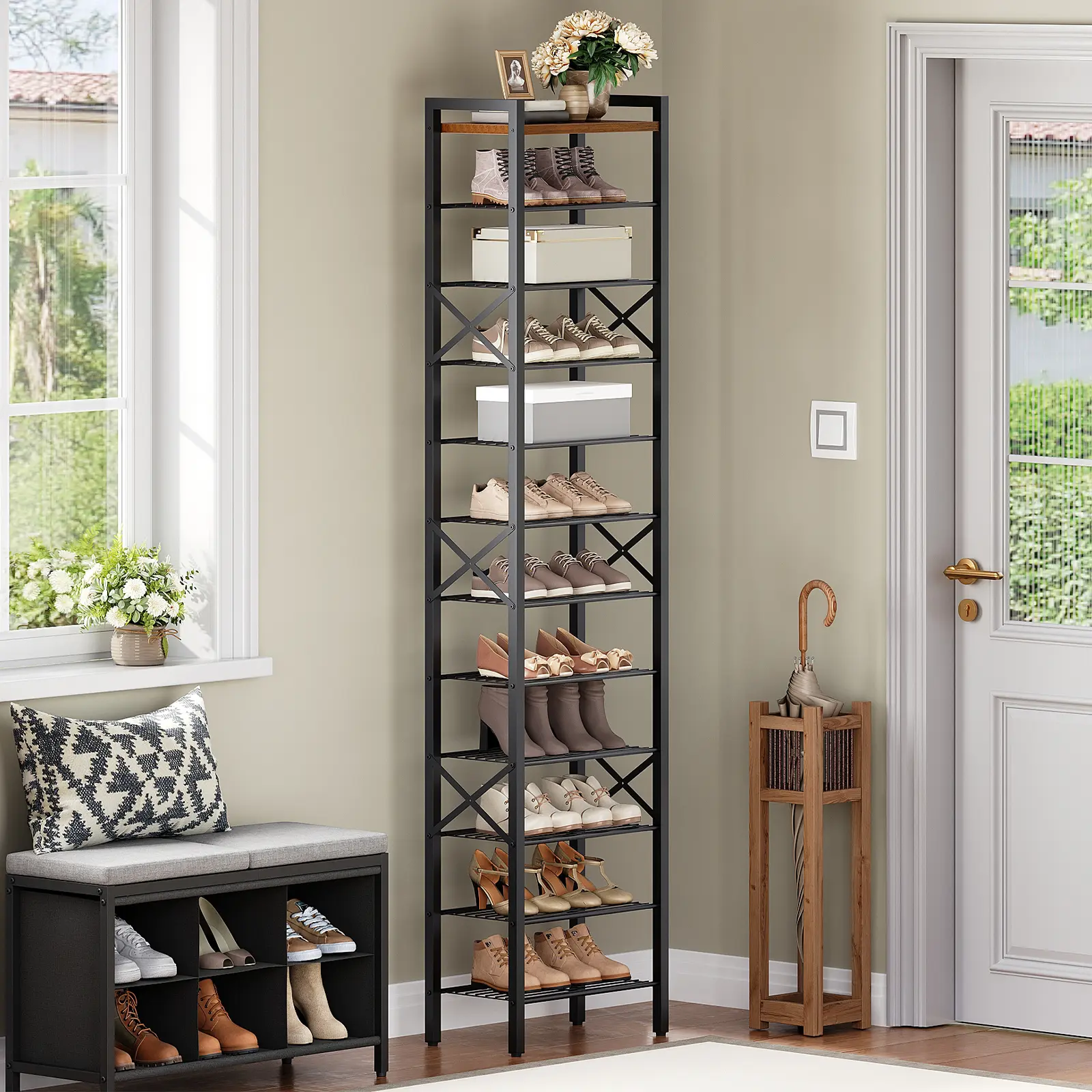 YATINEY 12-Tier Narrow Shoe Rack, Tall Shoe Rack for 12-24 Pairs, Slim Shoe Storage Organizer with Wooden Top, Space Saving, Metal Frame, for Entryway, Rustic Brown and Black #SummerVibes#DealsforYouDays #SummerGarden
