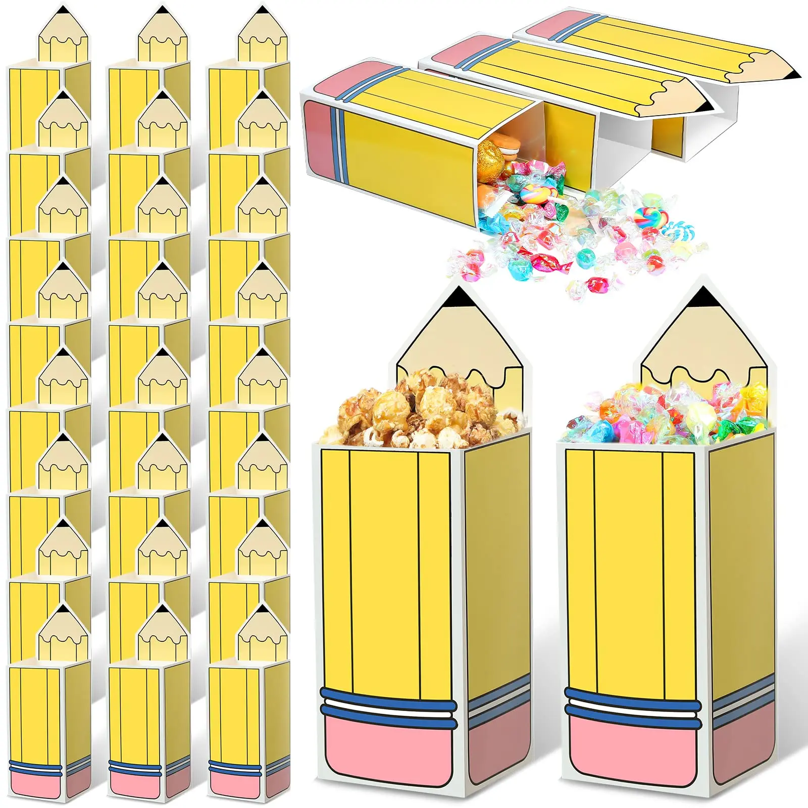 24/50 Pcs Back to School Pencil Candy Boxes Popcorn Holder Pencil Shaped Gift Box Treat Box Classroom Decoration Candy Gift Basket for Student Teacher Classmate,The first day of school Class rewards Classroom Gift Exchange