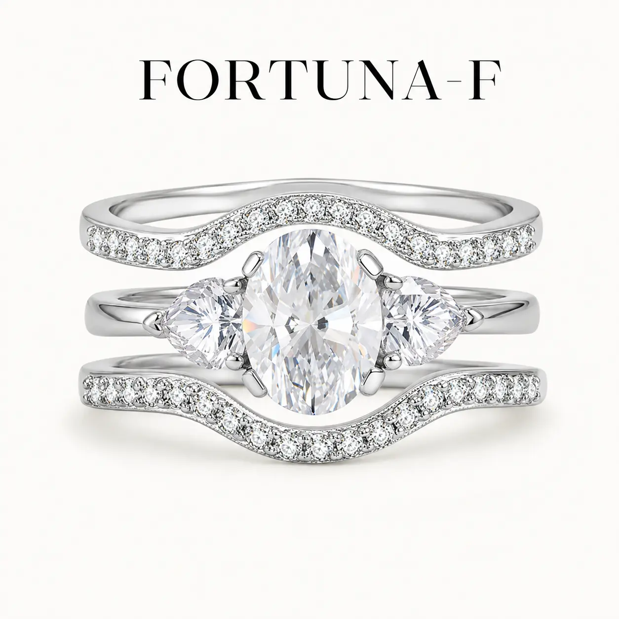 FORTUNA-F Oval Cut Moissanite Bridal Ring Set for Women, 6x8mm Center Stone with Heart Side Stones and Curved Wedding Bands