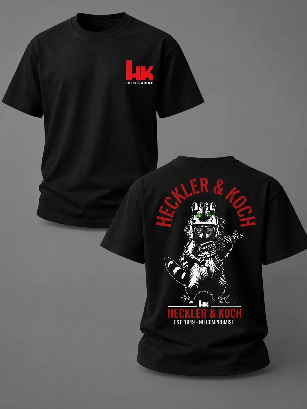 HK Heckler & Koch Tactical Raccoon T-Shirt Military Operator Graphic Tee Funny Tactical Apparel NVG Special Ops Style Shirt Range Day Streetwear Gift for Tactical Enthusiasts