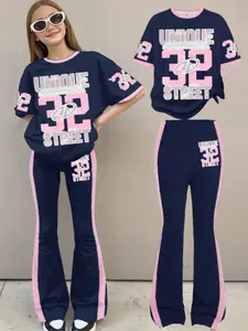 Vintage Sport Style Streetwear Graphic Youthful Casual Loose Round Neck Short Sleeve T-Shirt and Bell Bottoms Two-Piece Set