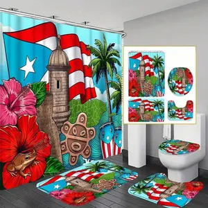 Puerto Rico Pattern Bathroom Decorations, Shower Curtain Sets, 4 CountsSet Including Shower Curtain & Toilet U-shape Mat & Bathroom Mat & Toilet Lid Cover, Bathroom Accessories, Home Goods