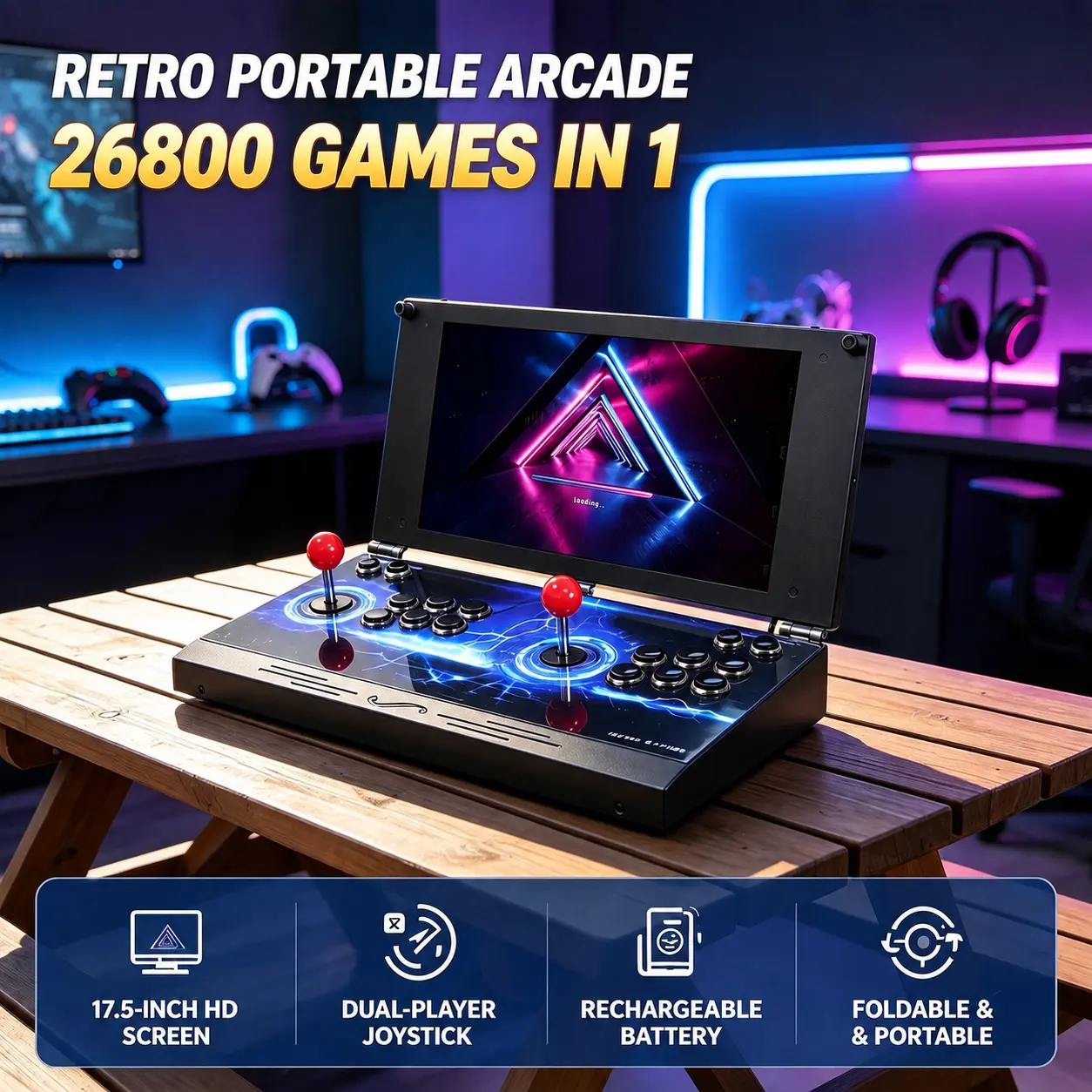 Retro Portable Arcade Machine, 17.5-in Built-in HD Screen, Dual-Player Joystick Console, Search & Pause Functions, Foldable Adjustable Gamepad, Space-Saving Compact Device for Game Collectors & Home Parties