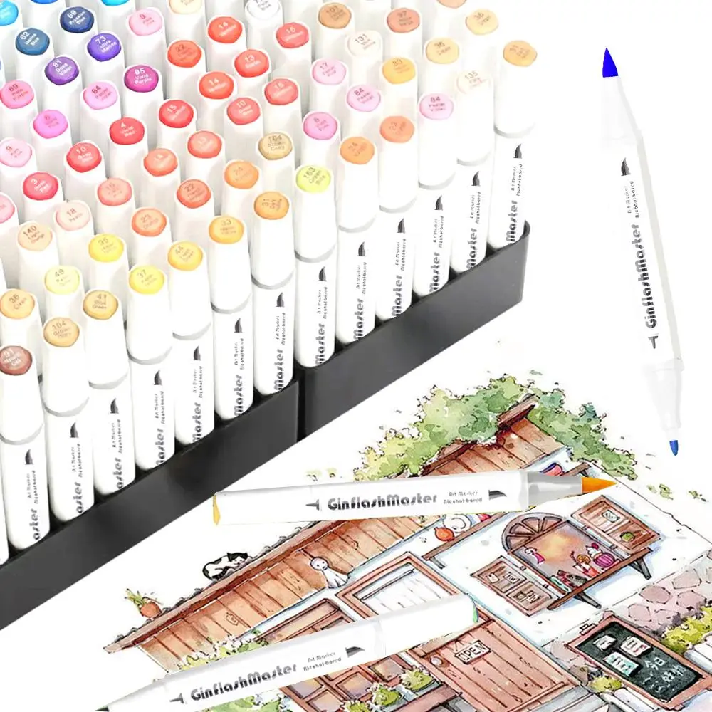 Ginflash Dual Tip Color Alcohol-Based Markers - Brush & Fine Nibs, Artist Supplies for Manga Sketching & Comic Art (Office Stationery Writing Tools)