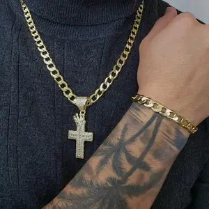 ViOrO 14K Gold Plated 8mm Cuban Link Chain with Bracelet and Zircon Cross Pendant for Dairy Use. Electro Laminated Premium Jewelry