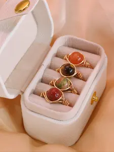Boho Colorful Stone Rings Set (high-End Gift Box), Handmade Copper Wire Wrapped, Crystal, Agate, Jade, Tiger Eye