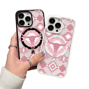 Premium Magnetic Phone Cases for iPhone11/12/13/14/15/16//17/Air/promax/Plus Western Pink Cowboy Bull Head Geometry y2k cased MagSafe Ready, Anti-Fall, Springtok and Ultra-Thin Design |   Perfect for Everyday Use Protector Screen Protector Aesthetic Cover