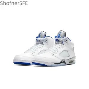 ShofnerSFE White and Blue Retro Anti-Slip Wear-Resistant Basketball Shoes for Men Comfortable and Durable