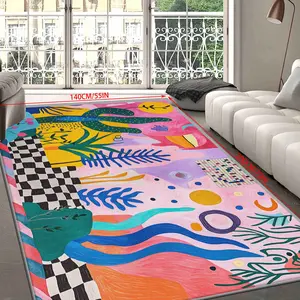 Soft Comfortable Carpet with Cute Cartoon Plant Design, Large Rectangular Decorative Area Rug for Bedroom Living Room Villa, Easy Clean Multi-Color Mat