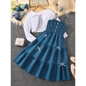 Girls' Blue Classic Color Block Long Sleeve Short Jacket Set with Bow Detail, Fashionable Summer, Casual Wear, Clothes Kids